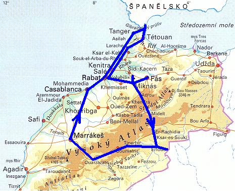 mapa Maroka s trasou na cesty